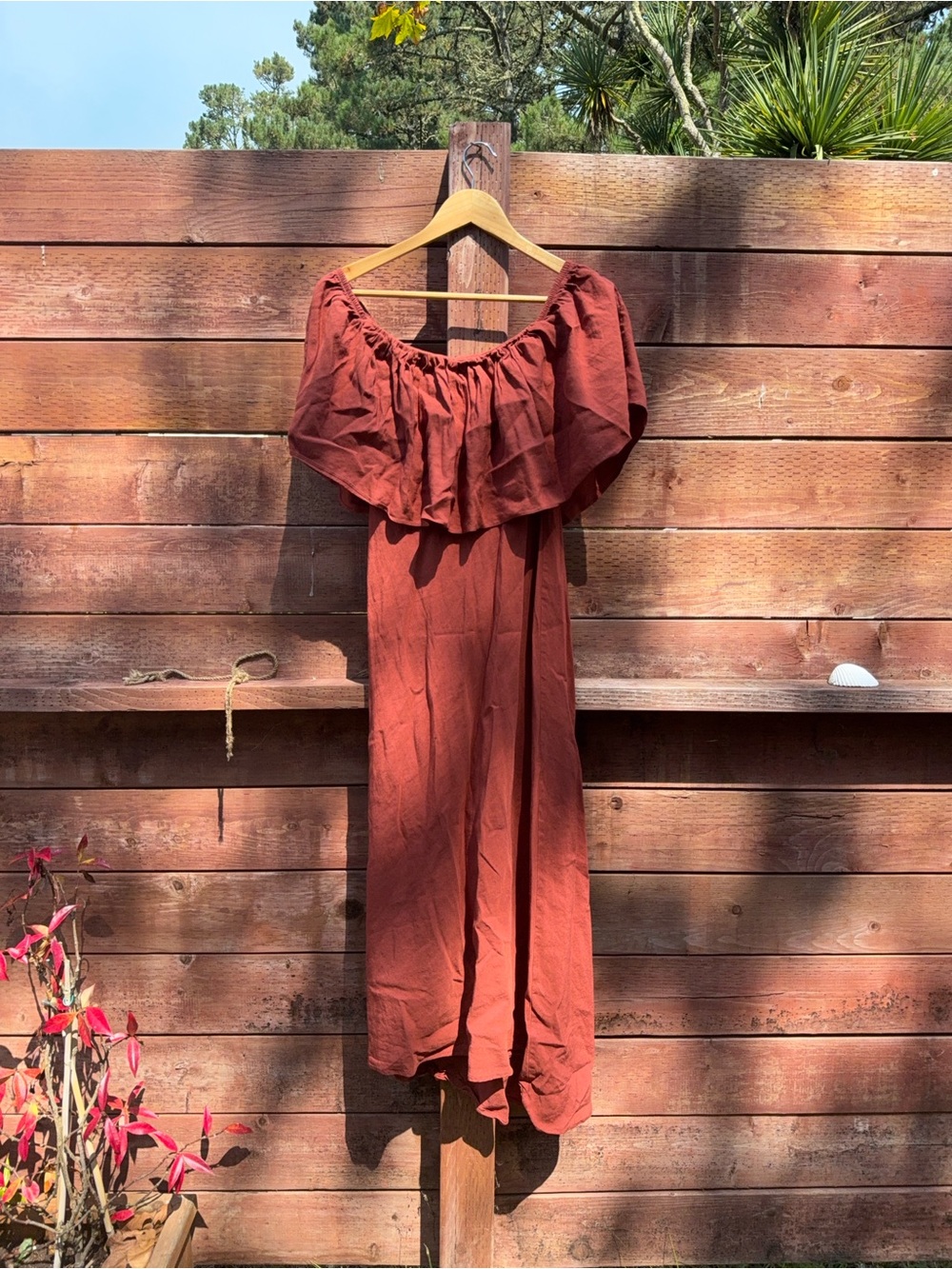 Zara Off-Shoulder Ruffle Maxi Dress in Rust Red